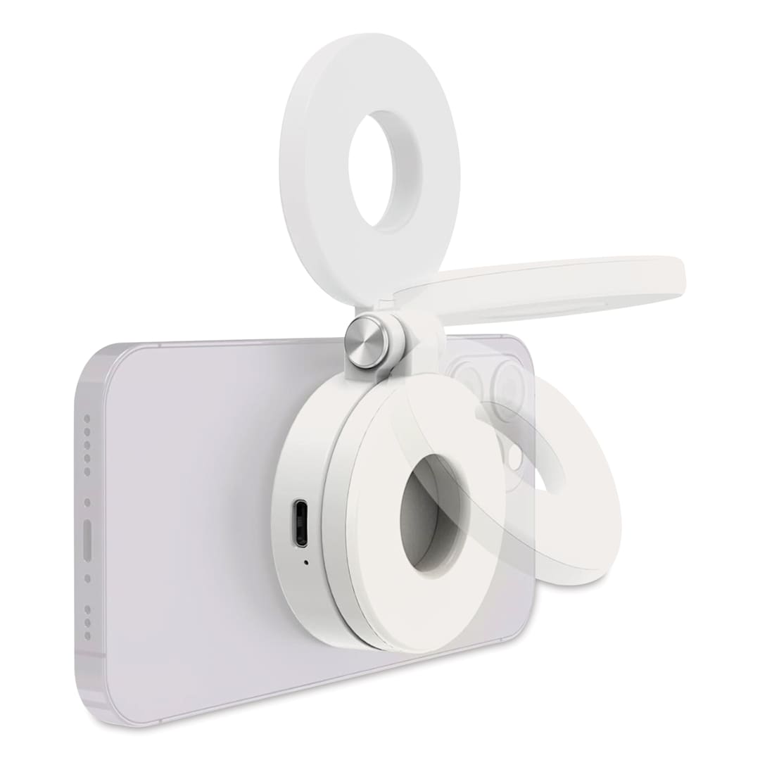 Open in modal - KraftGeek HaloGlow Magnetic Phone Light - White, attached to phone, phone not included
