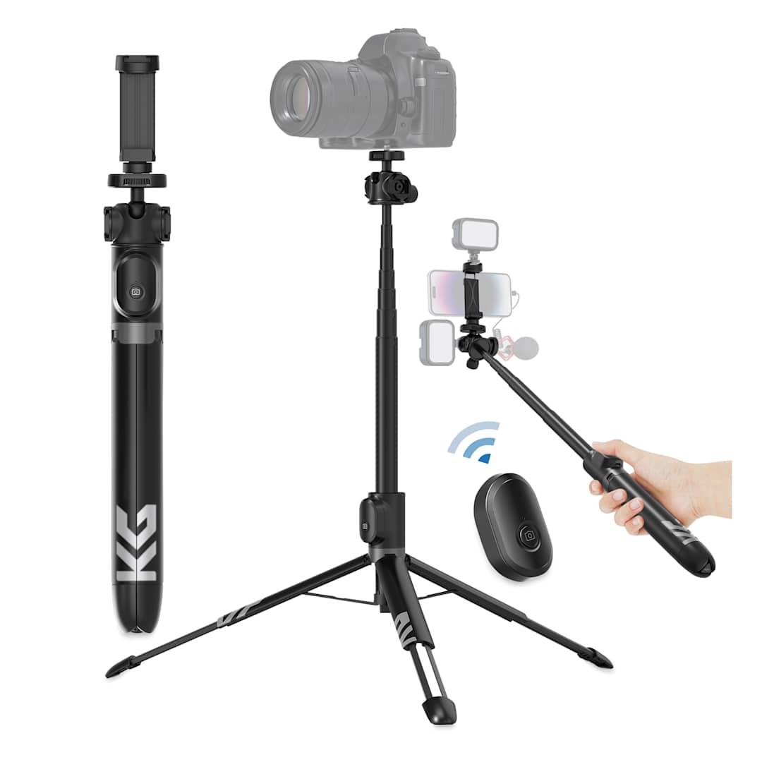 Open in modal - KraftGeek Variety Tripod - shown compact, as a camera tripod and as selfie stick