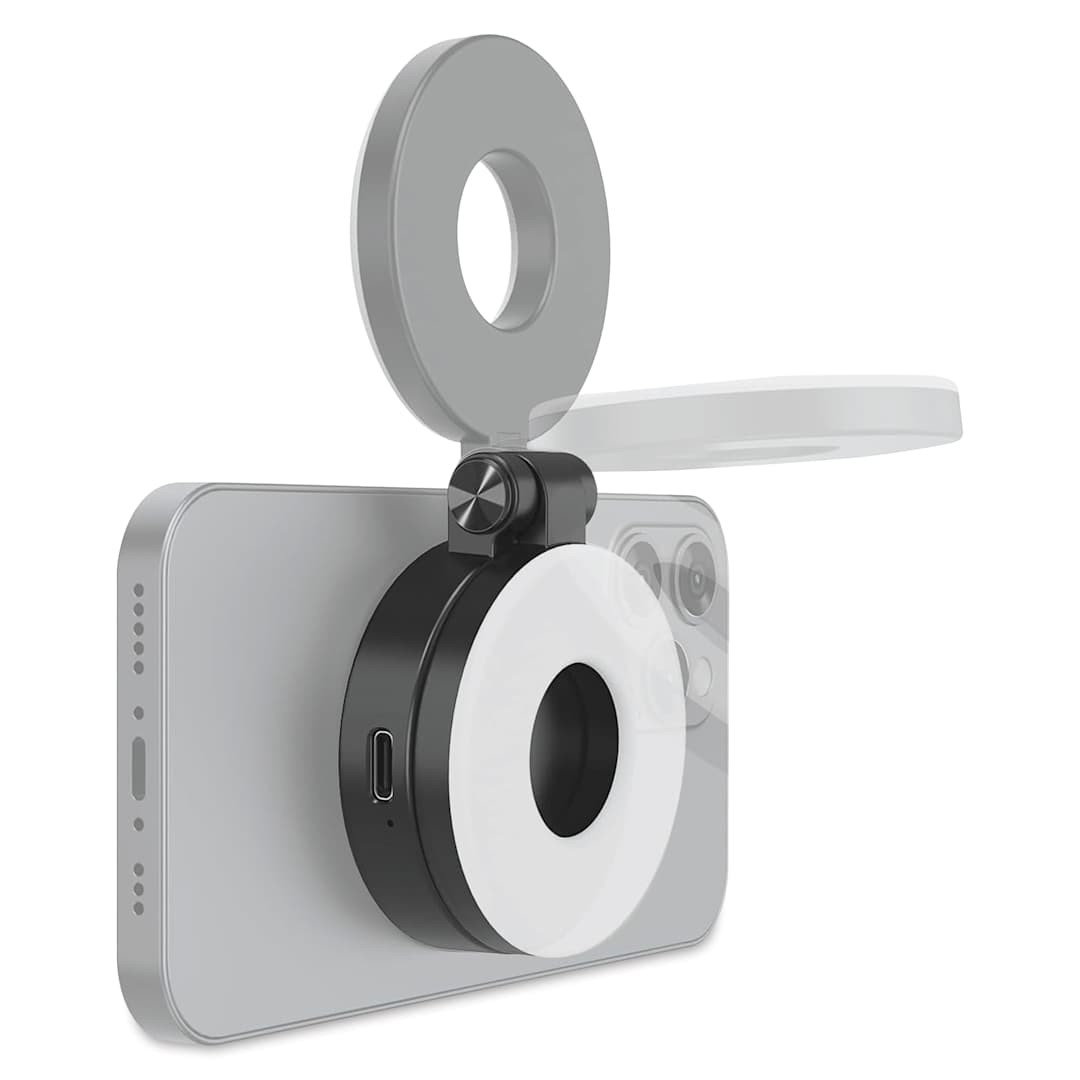 Open in modal - KraftGeek HaloGlow Magnetic Phone Light - Black, attached to phone, phone not included