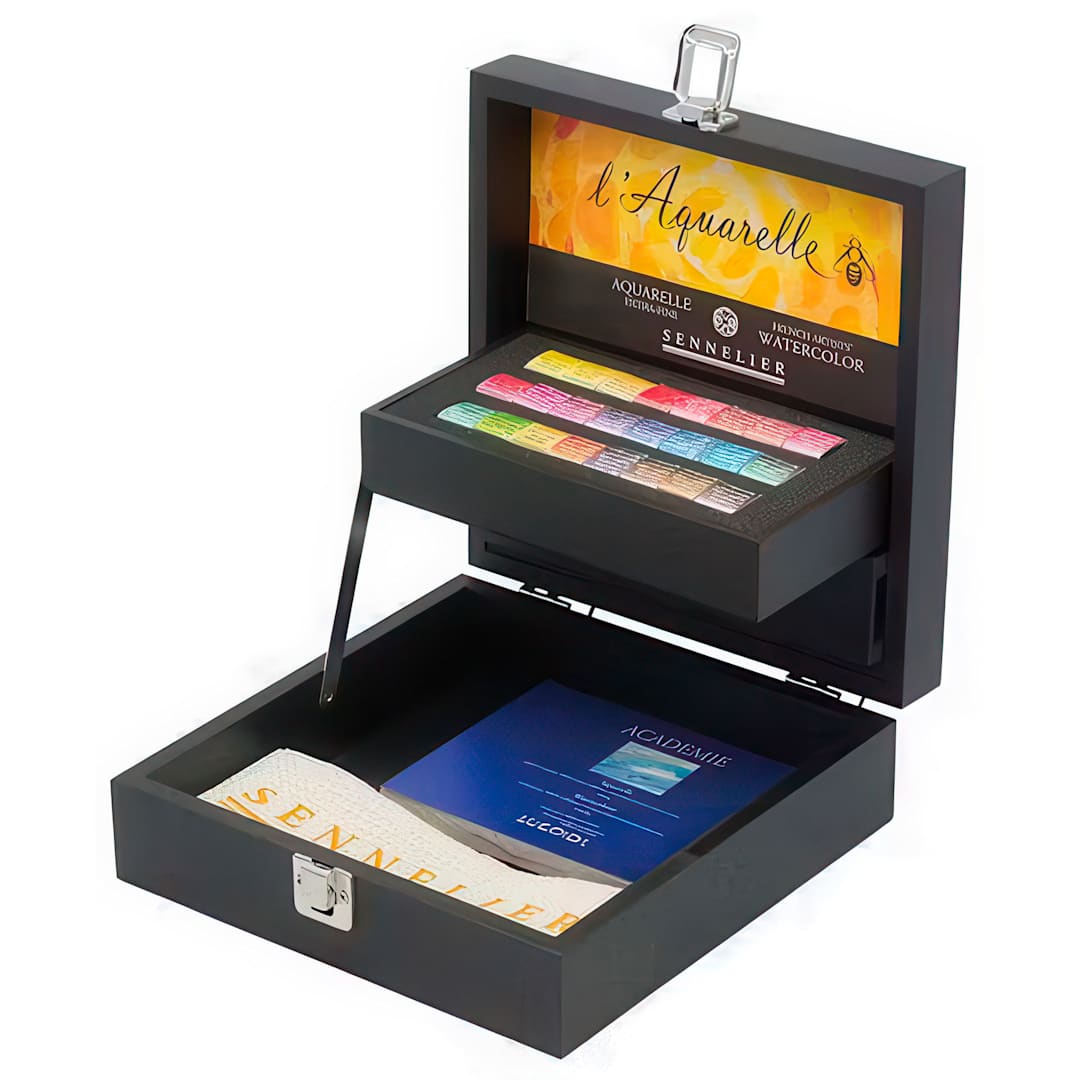 Open in modal - Sennelier French Artists' Watercolor Set, 24-Color Half Pan Black Wood Box Set