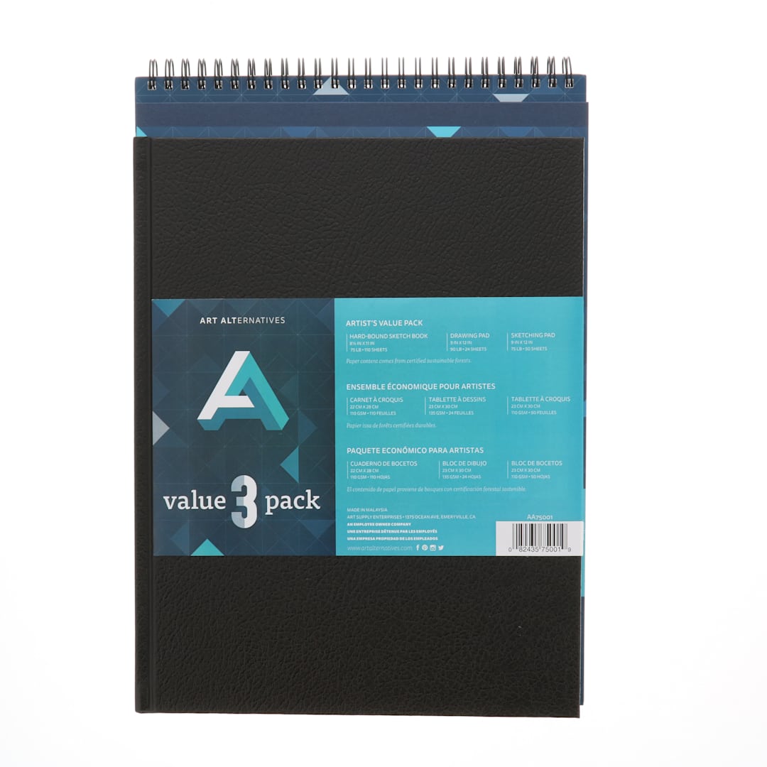 Open in modal - Art Alternatives Artist's Drawing Pad Value Pack - One 8.5" x 11" Sketch Book, Two 9" x 12" Pads
