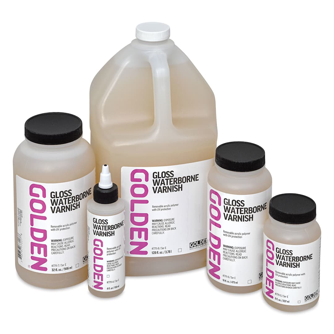 Open in modal - Golden Waterborne Varnish in a variety of sizes.