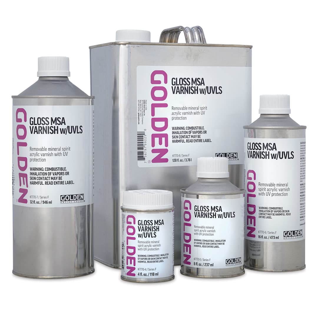 Open in modal - Golden MSA Varnishes with UVLS Gloss shown in a variety of sizes