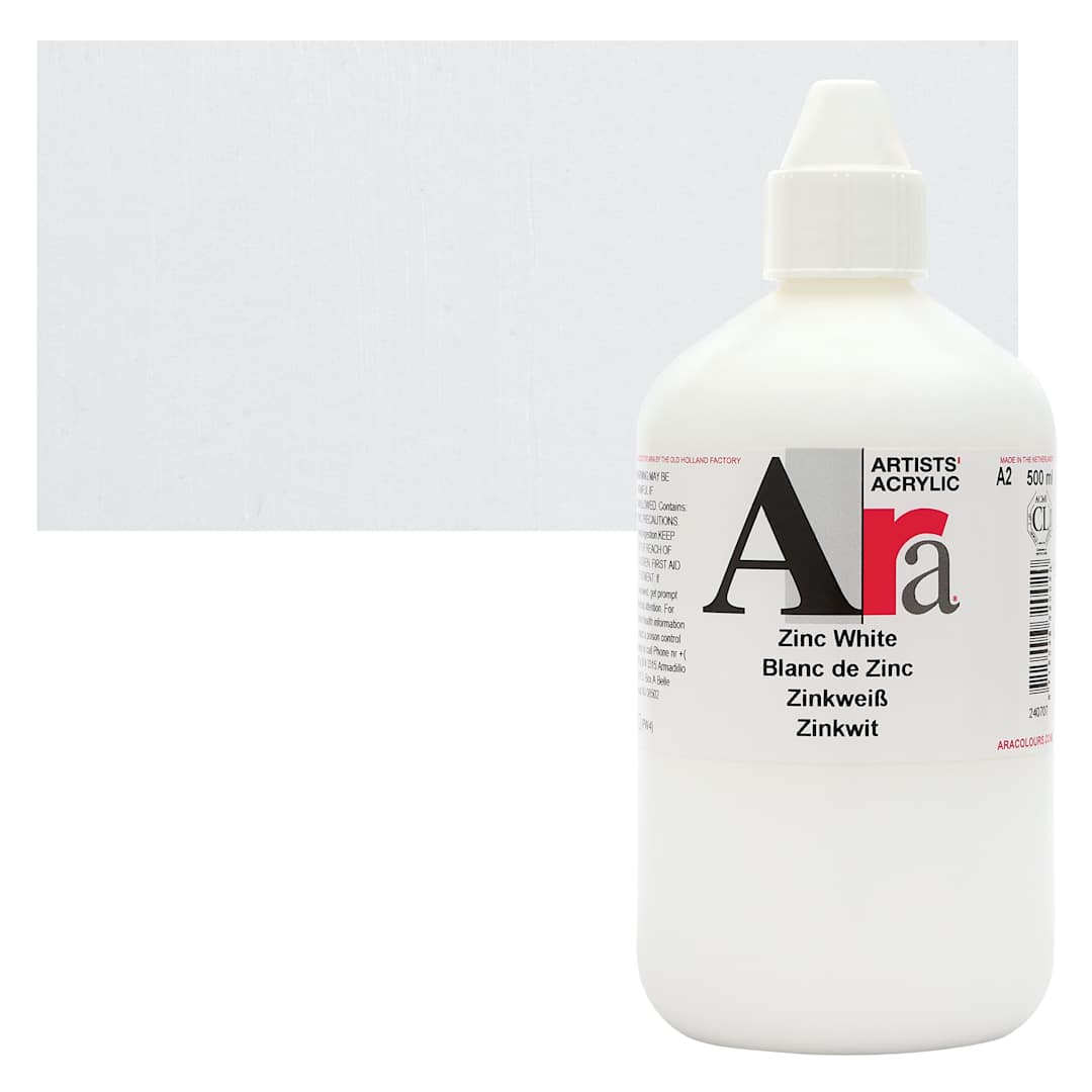 Open in modal - Ara Artists’ Acrylic Paint - Zinc White, 500 ml bottle and swatch