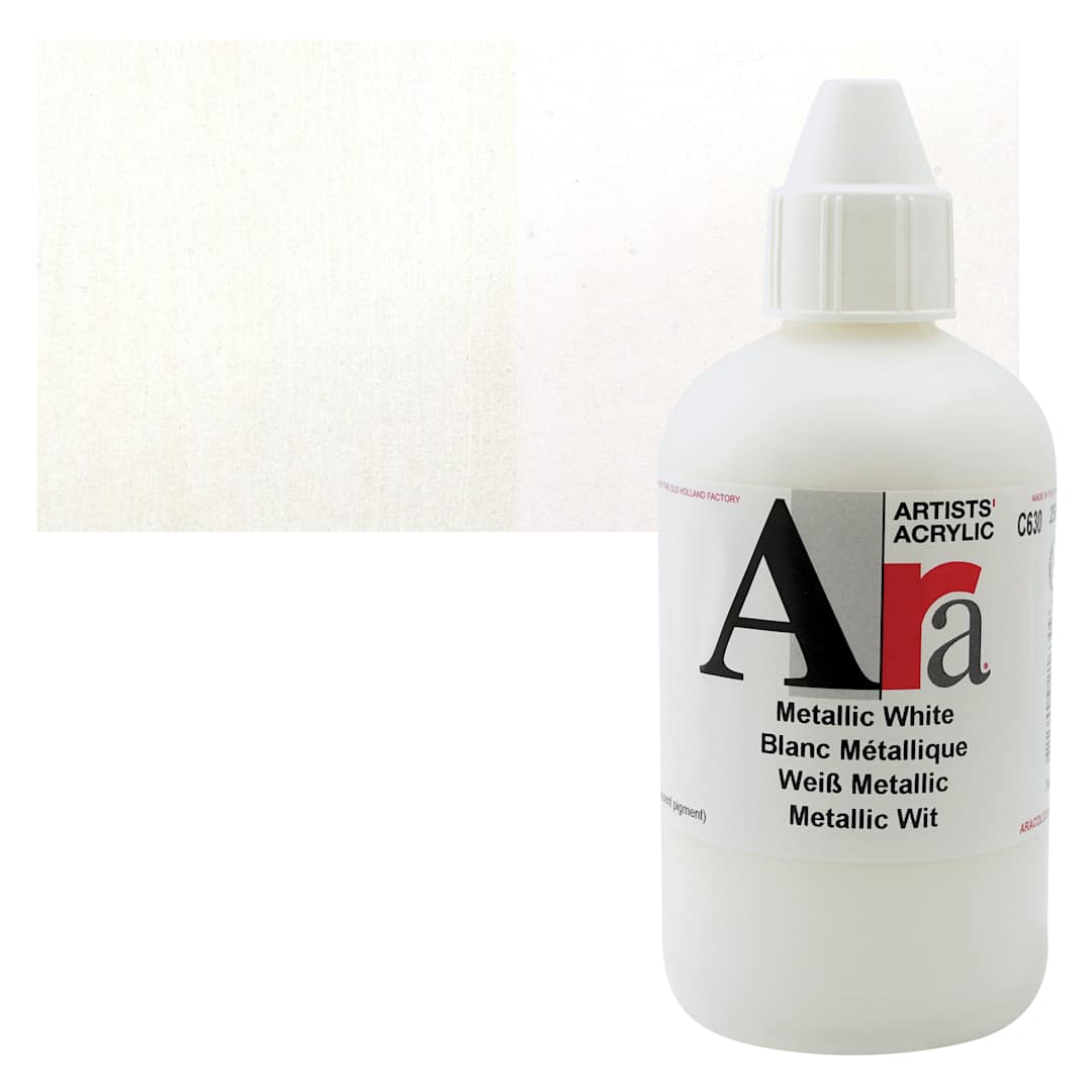 Open in modal - Ara Artists’ Acrylic Paint - Metallic White, 250 ml bottle and swatch