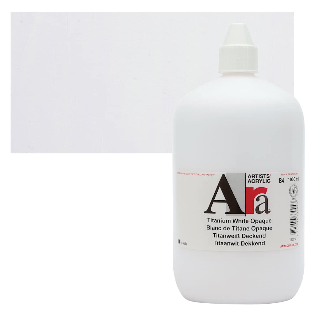 Open in modal - Ara Artists’ Acrylic Paint - Opaque Titanium White, 1000 ml bottle and swatch