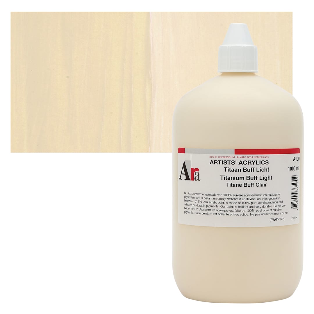 Open in modal - Ara Artists’ Acrylic Paint - Titanium Buff Light, 1000 ml bottle and swatch