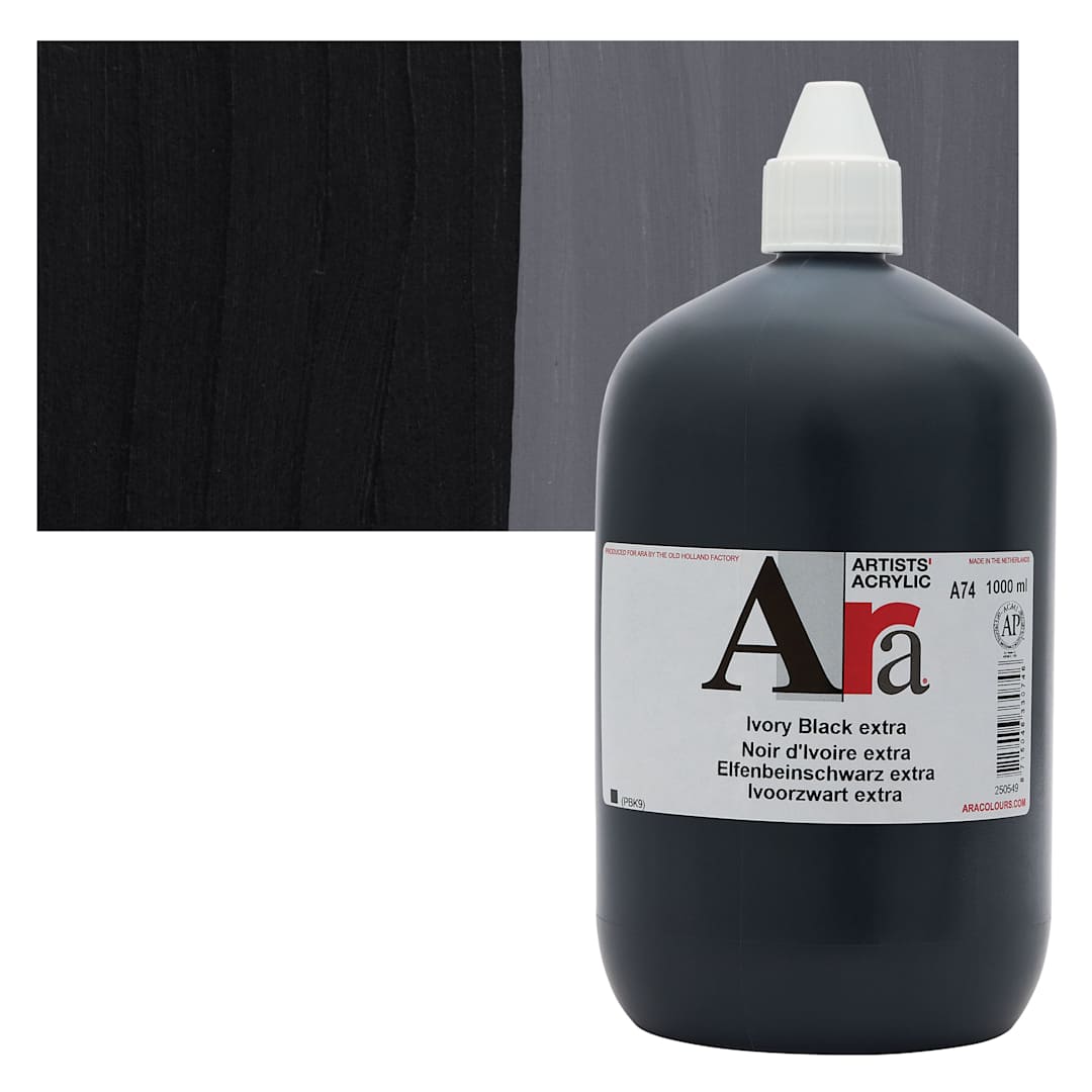Open in modal - Ara Artists’ Acrylic Paint - Ivory Black Extra, 1000 ml bottle and swatch