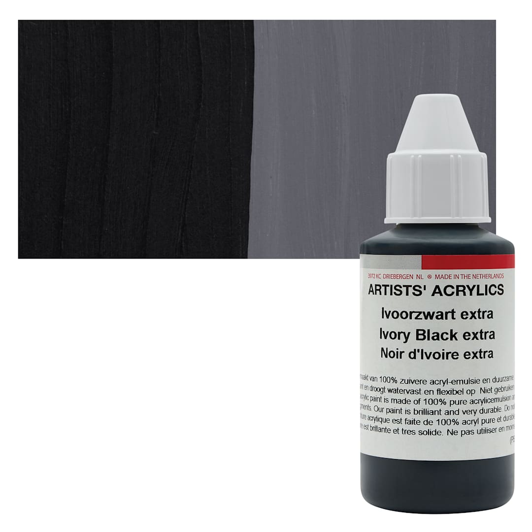 Open in modal - Ara Artists’ Acrylic Paint - Ivory Black Extra, 100 ml bottle and swatch