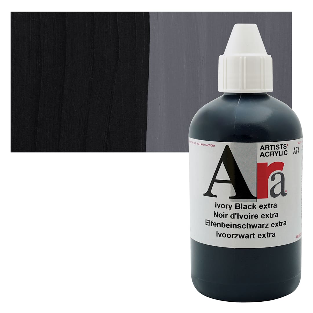 Open in modal - Ara Artists’ Acrylic Paint - Ivory Black Extra, 250 ml bottle and swatch