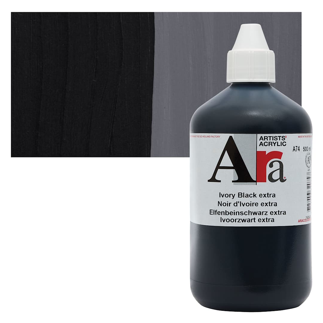 Open in modal - Ara Artists’ Acrylic Paint - Ivory Black Extra, 500 ml bottle and swatch