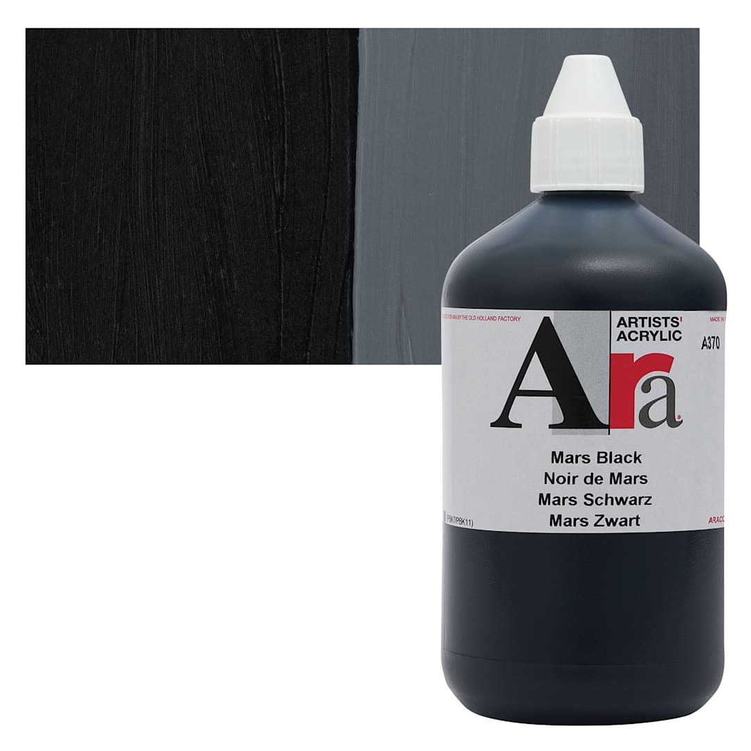 Open in modal - Ara Artists’ Acrylic Paint - Mars Black, 500 ml bottle and swatch