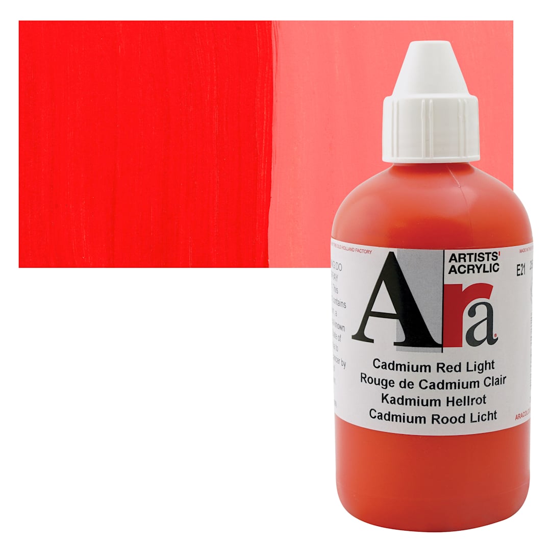 Open in modal - Ara Artists’ Acrylic Paint - Cadmium Red Light, 250 ml bottle and swatch