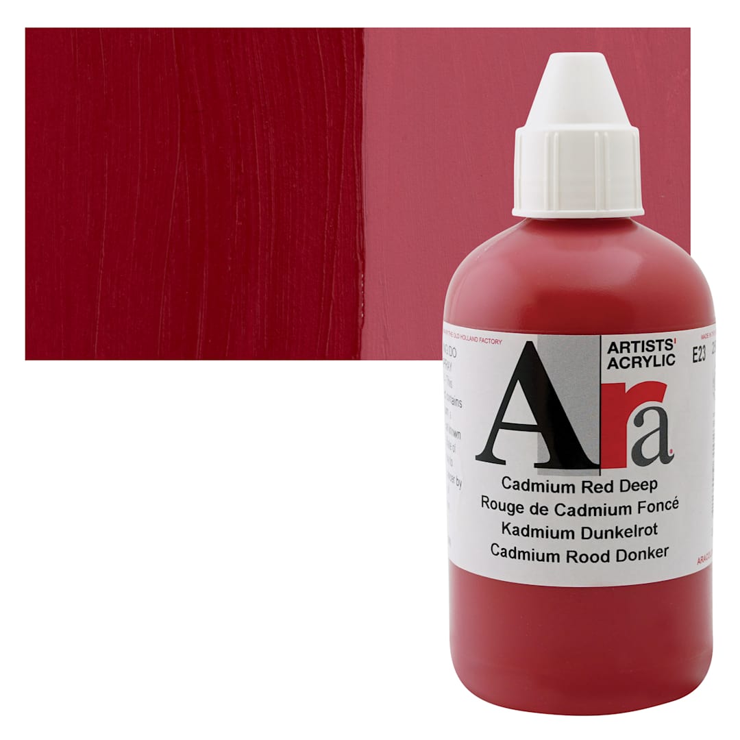 Open in modal - Ara Artists’ Acrylic Paint - Cadmium Red Deep, 250 ml bottle and swatch