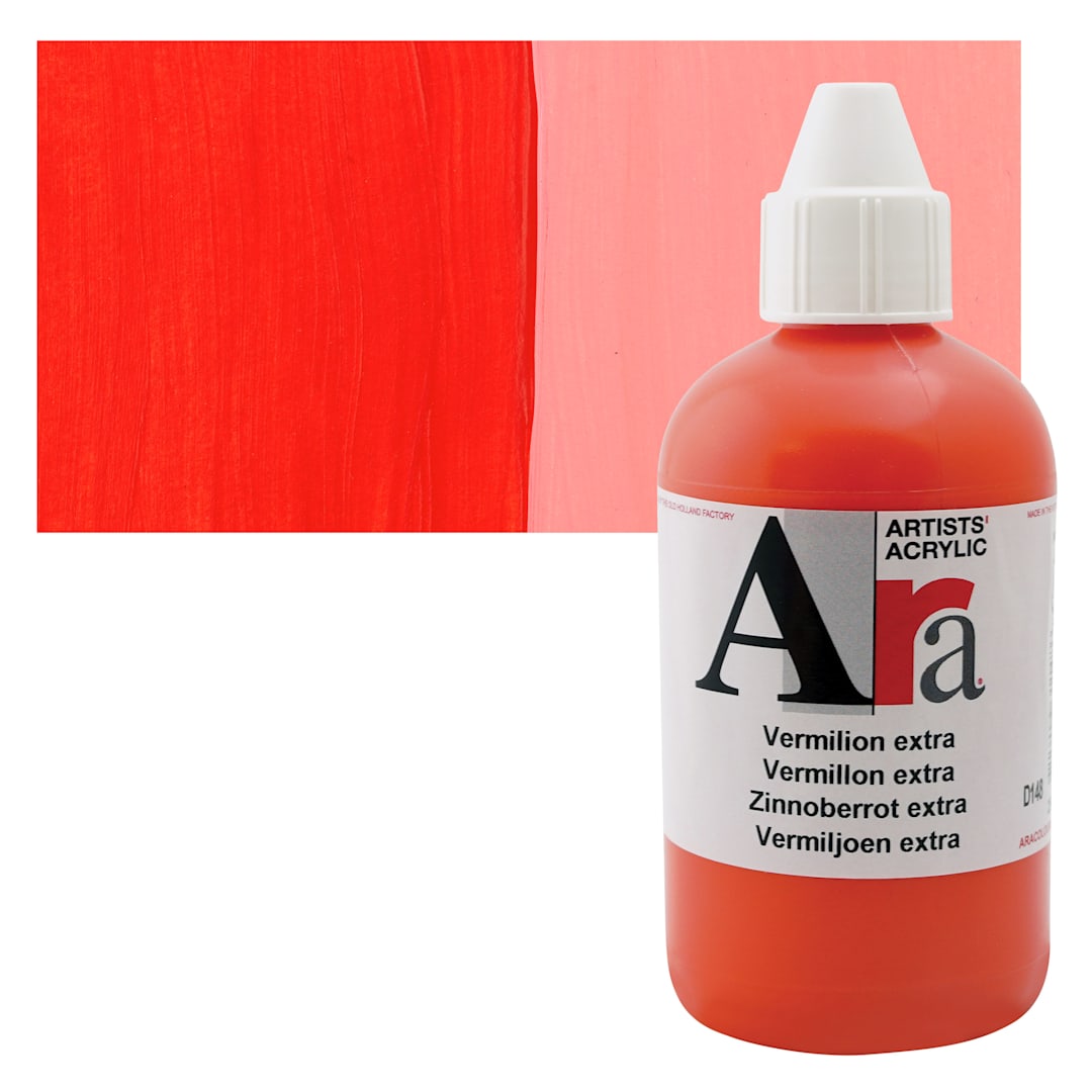 Open in modal - Ara Artists’ Acrylic Paint - Vermilion Extra, 250 ml bottle and swatch