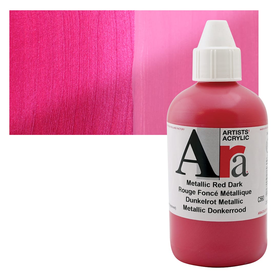 Open in modal - Ara Artists’ Acrylic Paint - Metallic Red Dark, 250 ml bottle and swatch