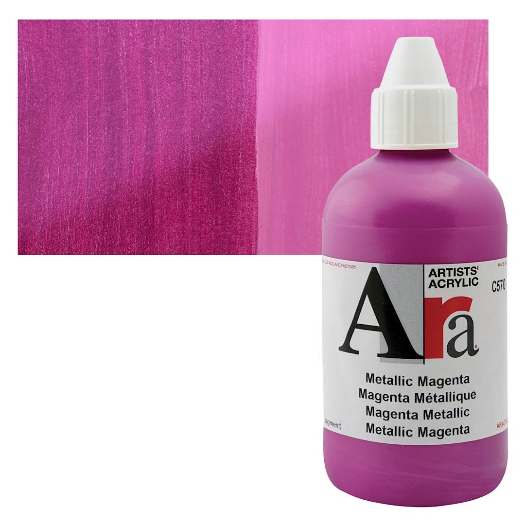 Open in modal - Ara Artists’ Acrylic Paint - Metallic Magenta, 250 ml bottle and swatch