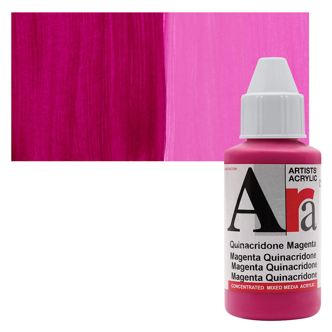 Open in modal - Ara Artists’ Acrylic Paint - Quinacridone Magenta, 100 ml bottle and swatch
