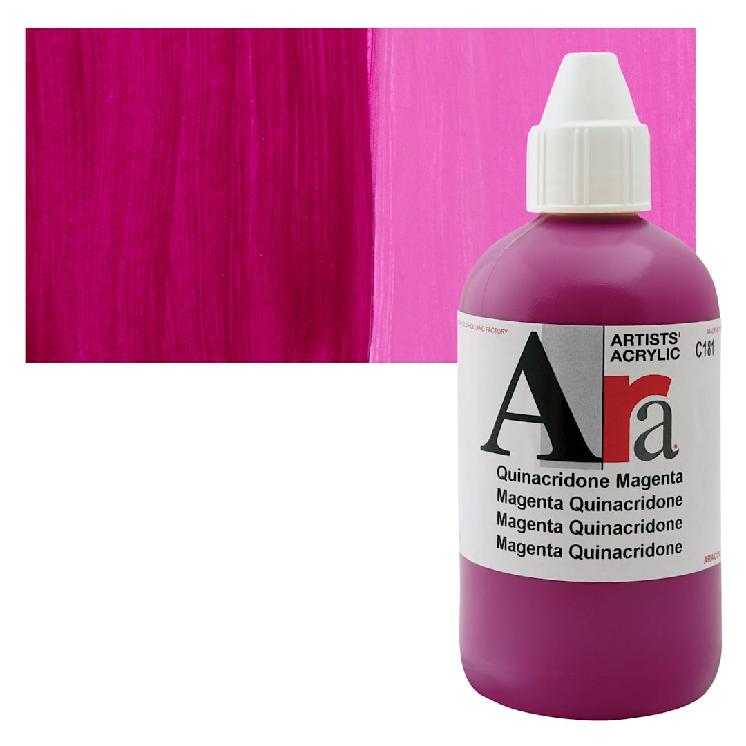 Open in modal - Ara Artists’ Acrylic Paint - Quinacridone Magenta, 250 ml bottle and swatch
