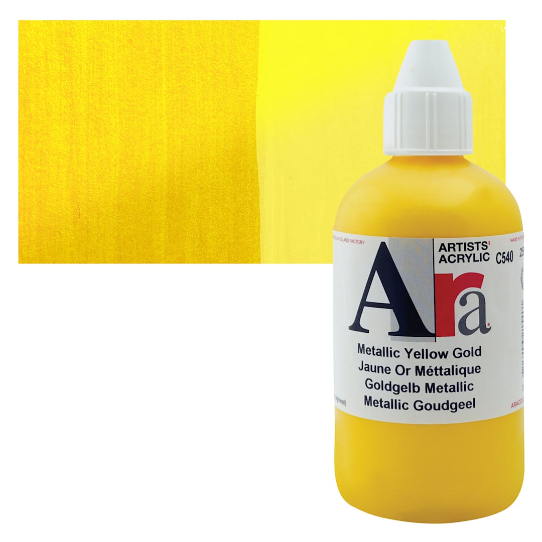 Open in modal - Ara Artists’ Acrylic Paint - Metallic Yellow Gold, 250 ml bottle and swatch