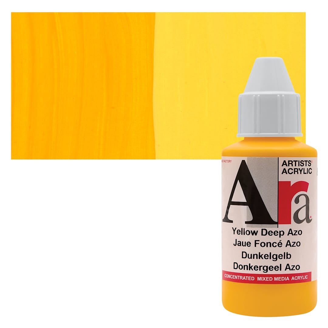 Open in modal - Ara Artists’ Acrylic Paint - Yellow Deep Azo, 100 ml bottle and swatch