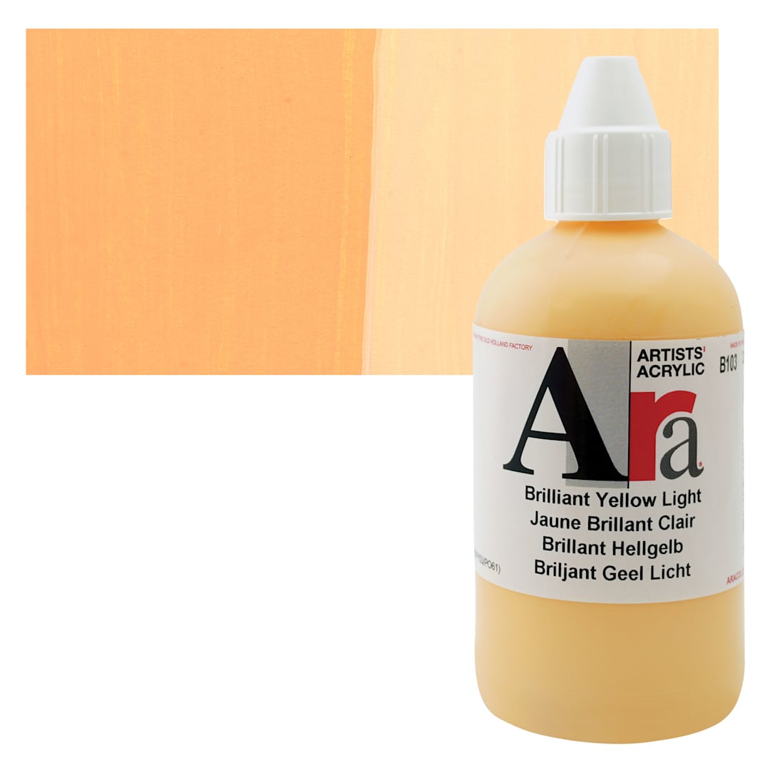 Open in modal - Ara Artists’ Acrylic Paint - Brilliant Yellow Light, 250 ml bottle and swatch