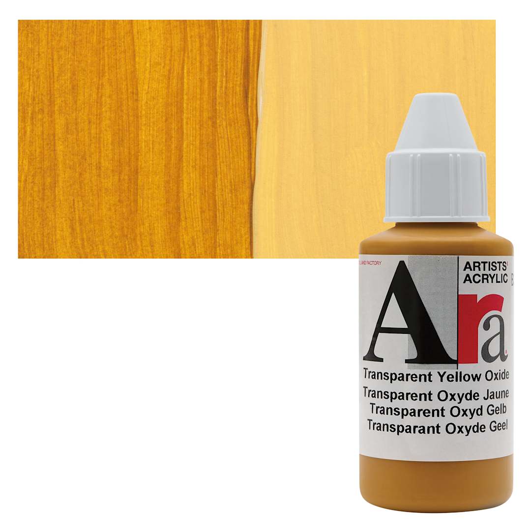 Open in modal - Ara Artists’ Acrylic Paint - Transparent Yellow Oxide, 100 ml bottle and swatch