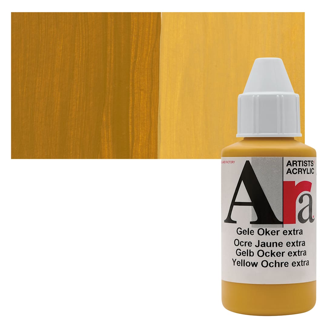 Open in modal - Ara Artists’ Acrylic Paint - Yellow Ochre Extra, 100 ml bottle and swatch