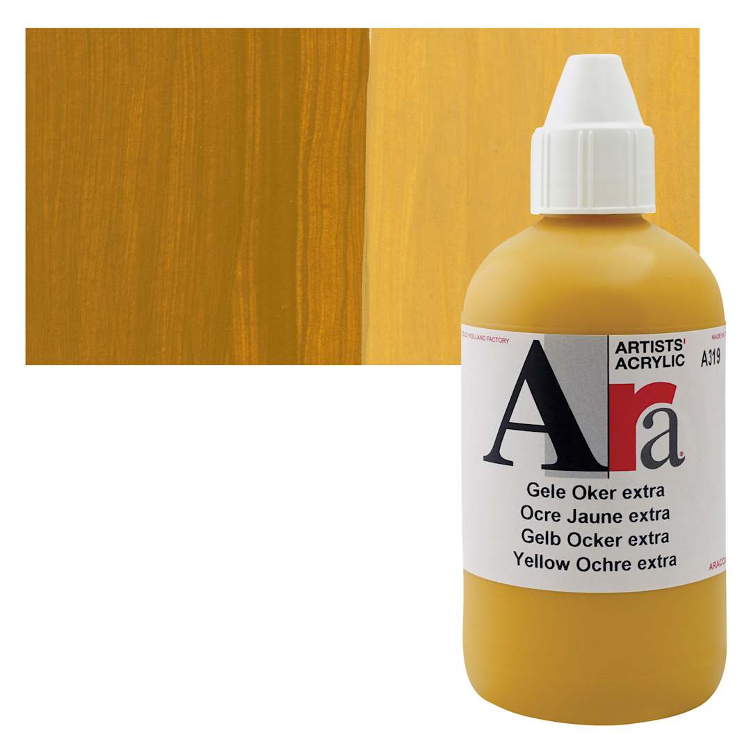 Open in modal - Ara Artists’ Acrylic Paint - Yellow Ochre Extra, 250 ml bottle and swatch