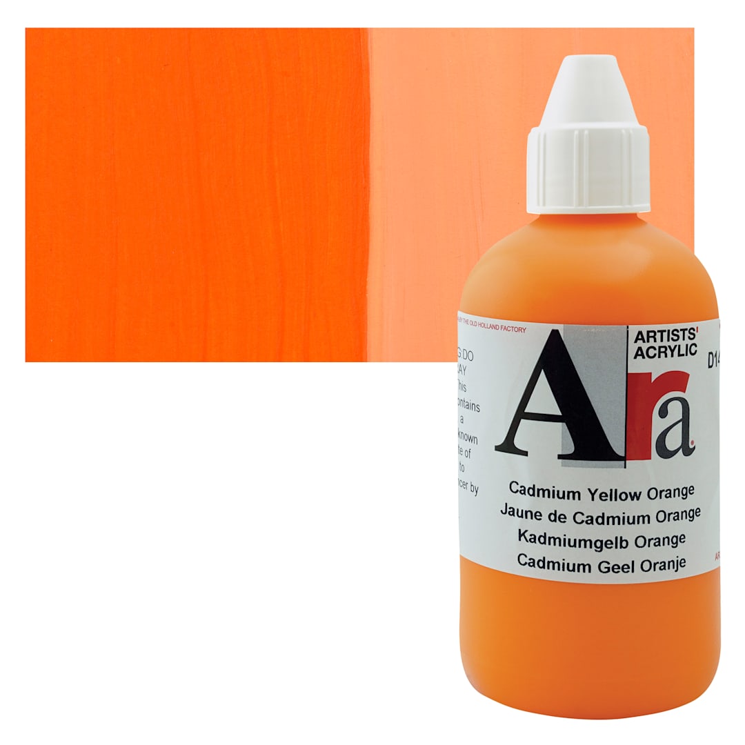 Open in modal - Ara Artists’ Acrylic Paint - Cadmium Yellow Orange, 250 ml bottle and swatch