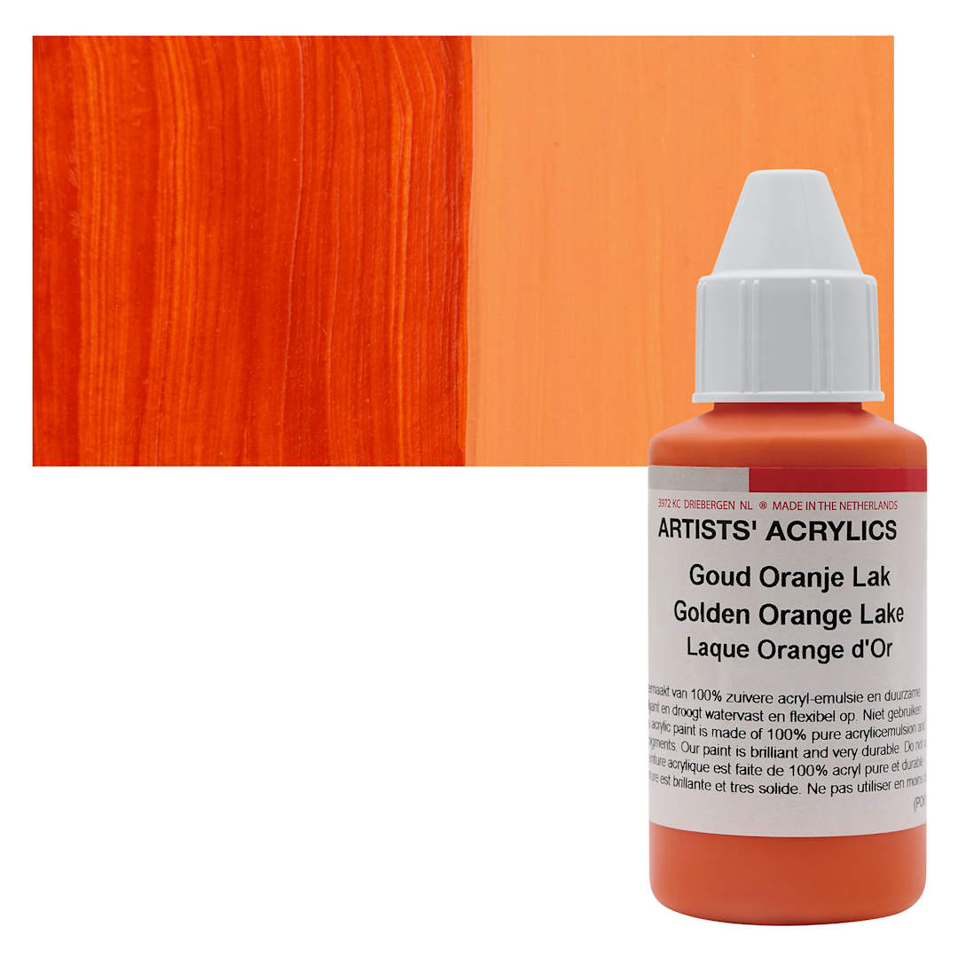 Open in modal - Ara Artists’ Acrylic Paint - Golden Orange Lake, 100 ml bottle and swatch