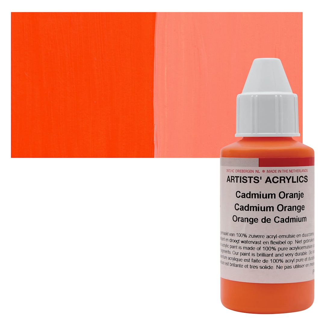 Open in modal - Ara Artists’ Acrylic Paint - Cadmium Orange, 100 ml bottle and swatch