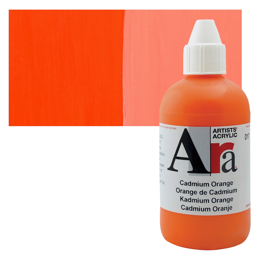 Open in modal - Ara Artists’ Acrylic Paint - Cadmium Orange, 250 ml bottle and swatch