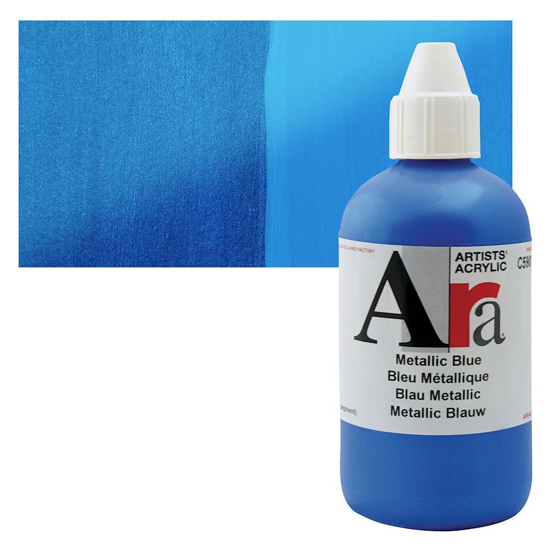 Open in modal - Ara Artists’ Acrylic Paint - Metallic Blue, 250 ml bottle and swatch