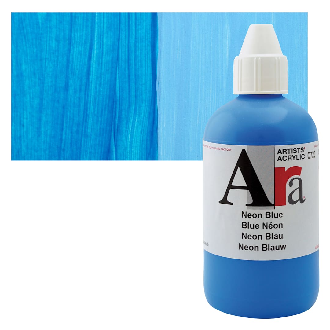 Open in modal - Ara Artists’ Acrylic Paint - Neon Blue, 250 ml bottle and swatch