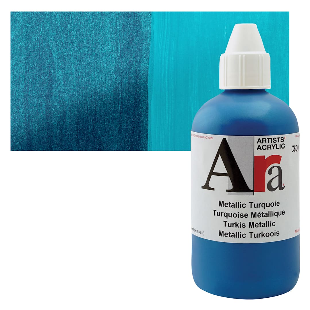 Open in modal - Ara Artists’ Acrylic Paint - Metallic Turquoise, 250 ml bottle and swatch