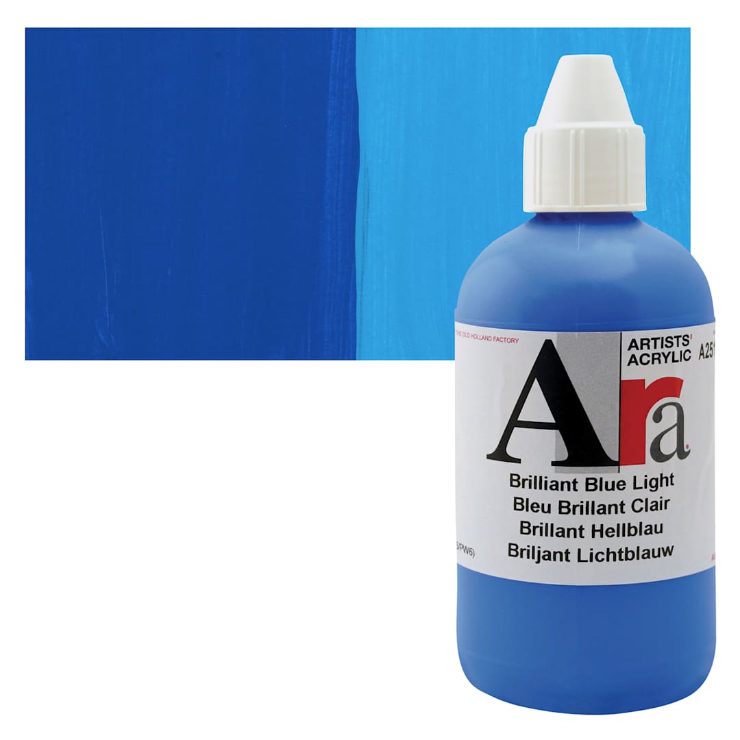 Open in modal - Ara Artists’ Acrylic Paint - Brilliant Blue Light, 250 ml bottle and swatch