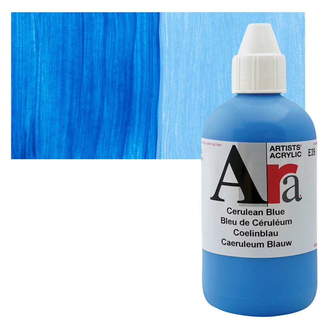 Open in modal - Ara Artists’ Acrylic Paint - Cerulean Blue, 250 ml bottle and swatch