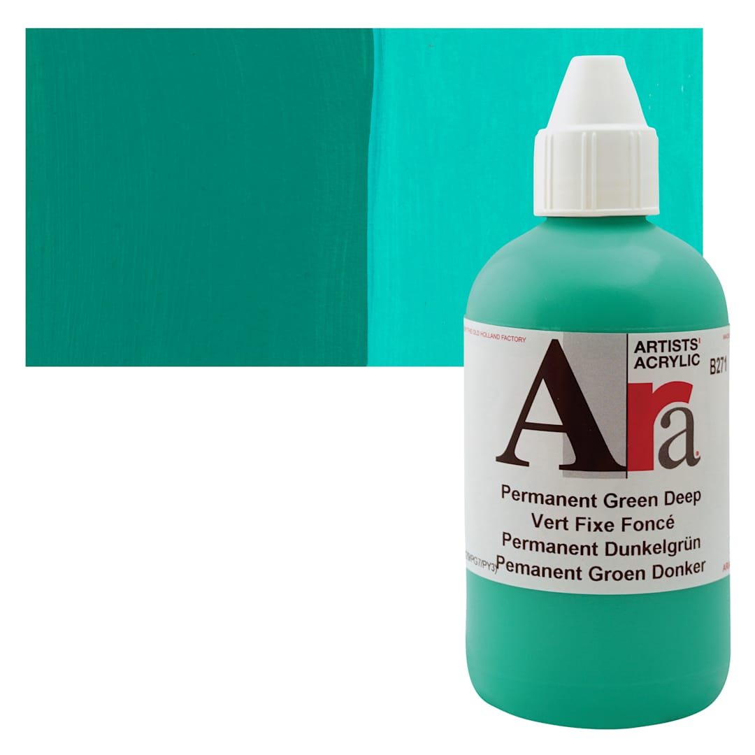 Open in modal - Ara Artists’ Acrylic Paint - Permanent Green Deep, 250 ml bottle and swatch