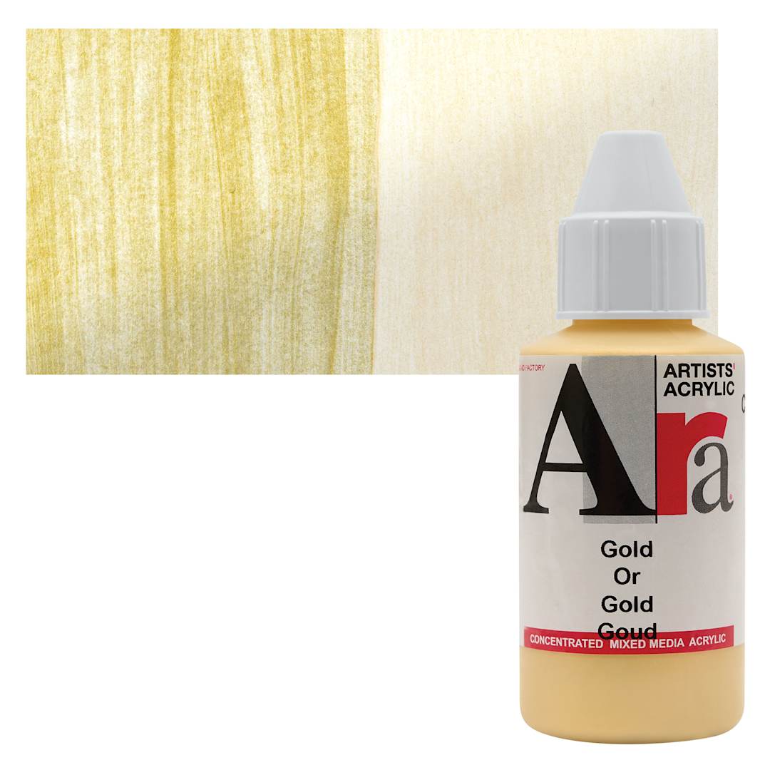 Open in modal - Ara Artists’ Acrylic Paint - Gold, 100 ml bottle and swatch
