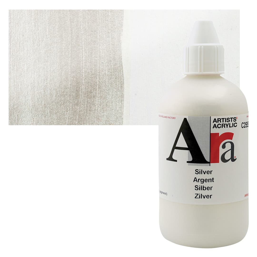 Open in modal - Ara Artists’ Acrylic Paint - Silver, 100 ml bottle and swatch