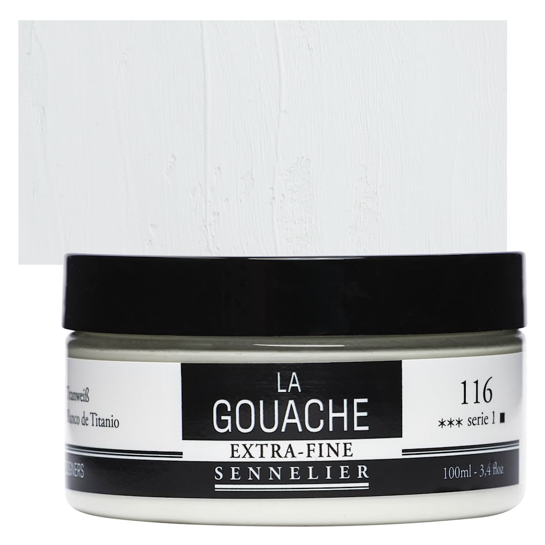 Open in modal - Sennelier Extra Fine Gouache - Titanium White, 100 ml Jar and swatch