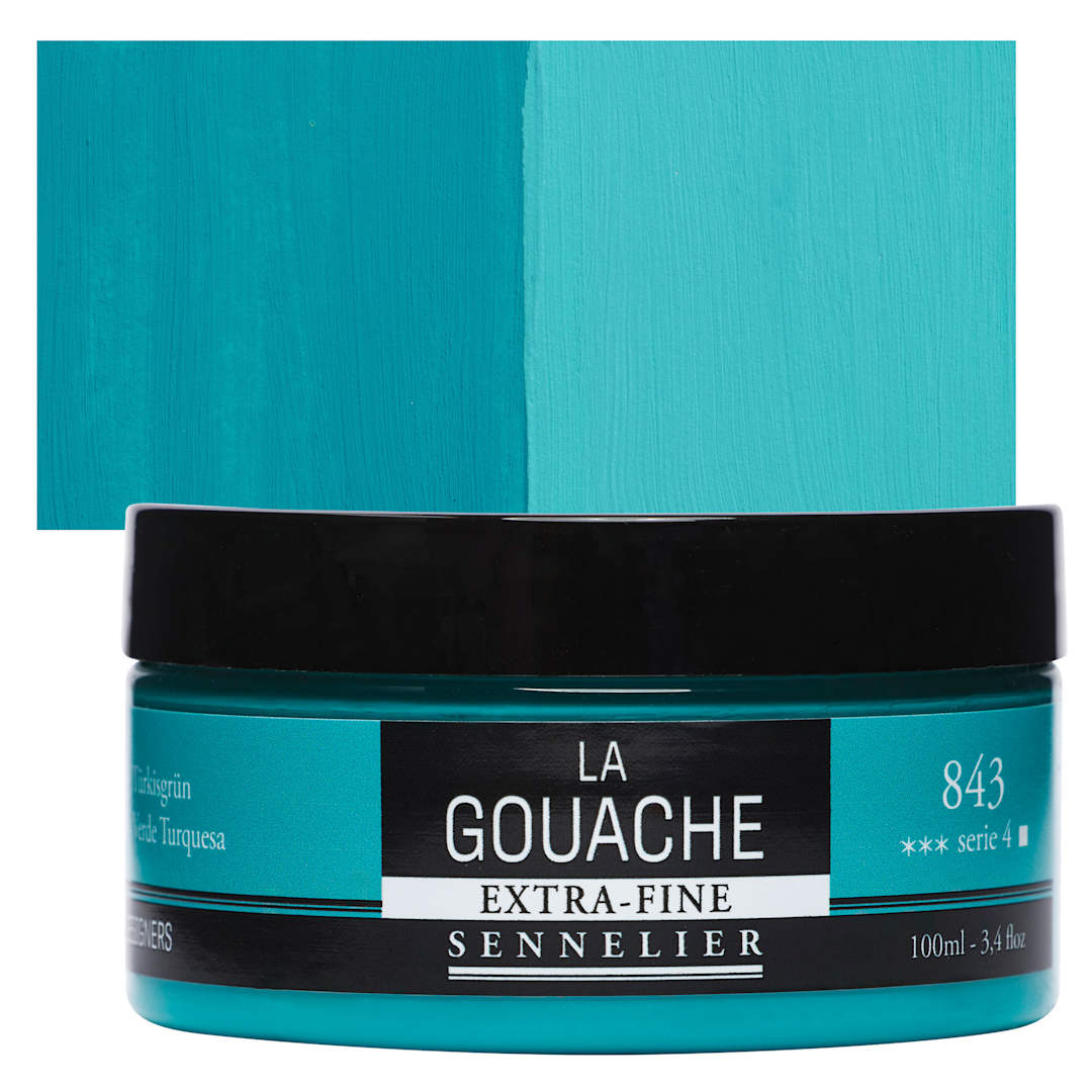 Open in modal - Sennelier Extra Fine Gouache - Turquoise Green, 100 ml Jar and swatch