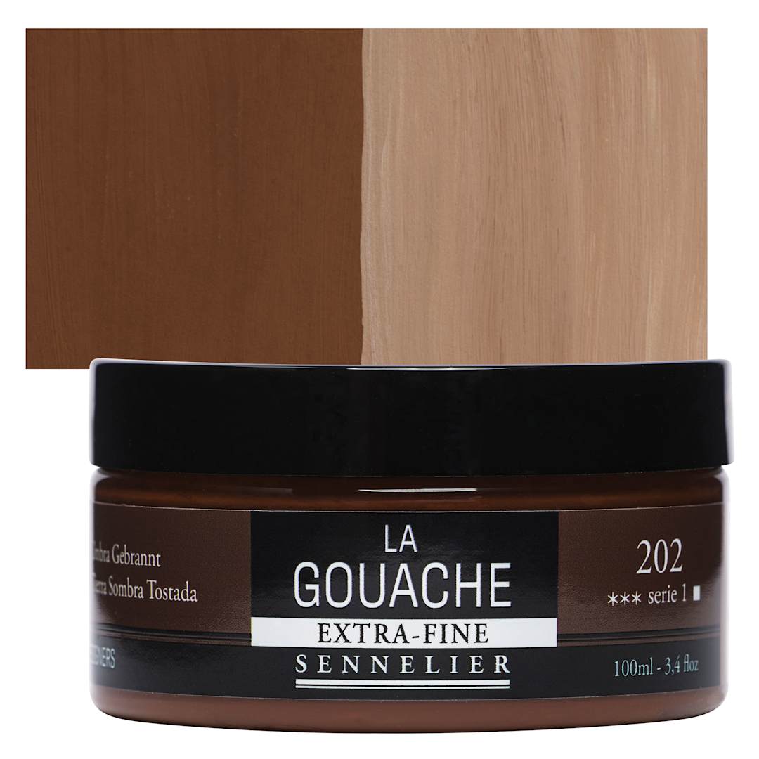 Open in modal - Sennelier Extra Fine Gouache - Burnt Umber, 100 ml Jar and swatch