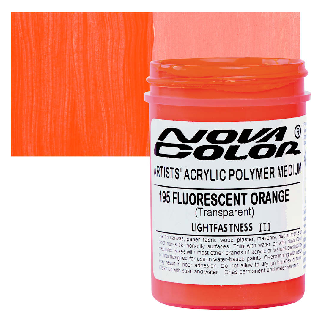 Open in modal - Nova Color Artists’ Acrylic Polymer Paint - Fluorescent Orange, 118 ml Jar and swatch