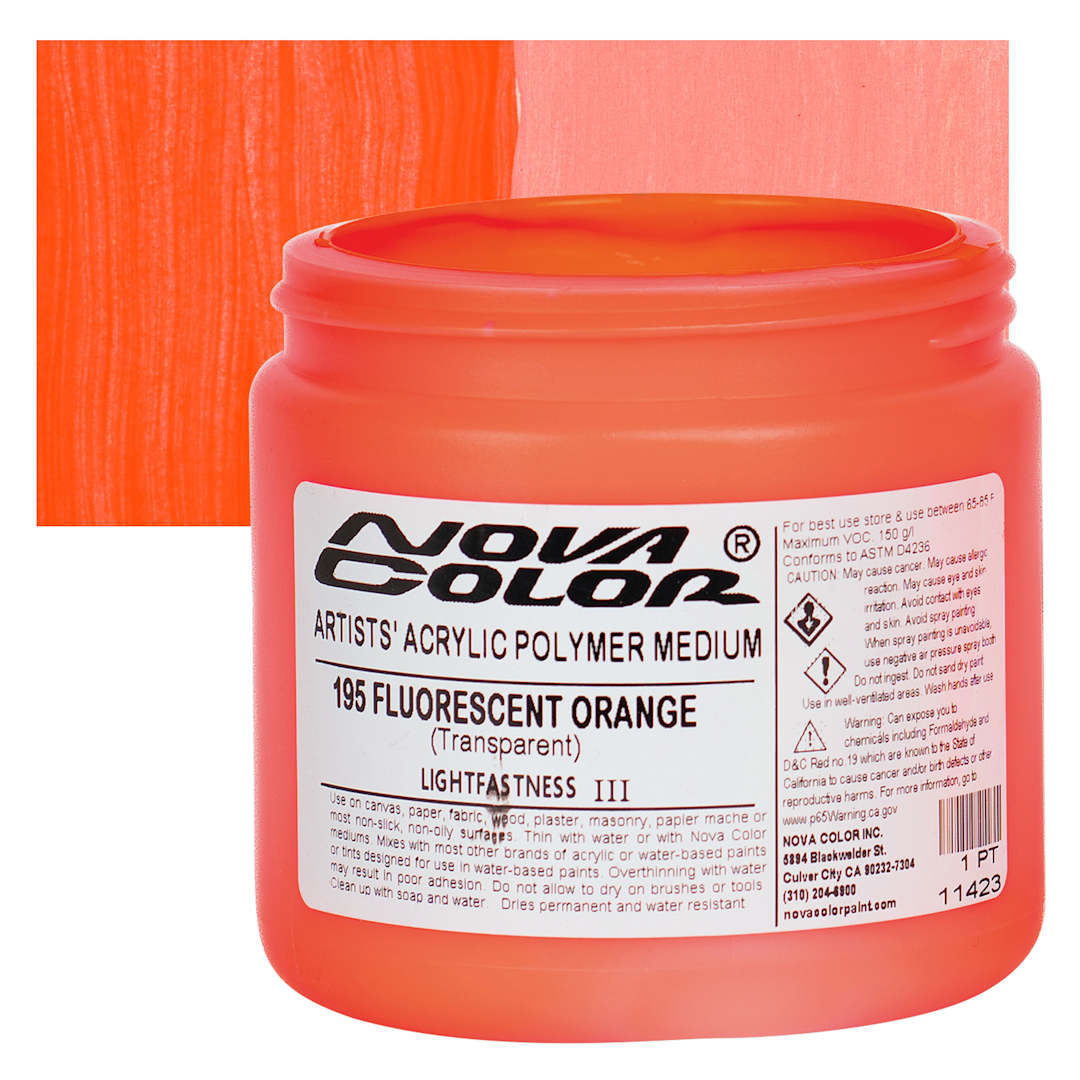 Open in modal - Nova Color Artists’ Acrylic Polymer Paint - Fluorescent Orange, 473 ml Jar and swatch