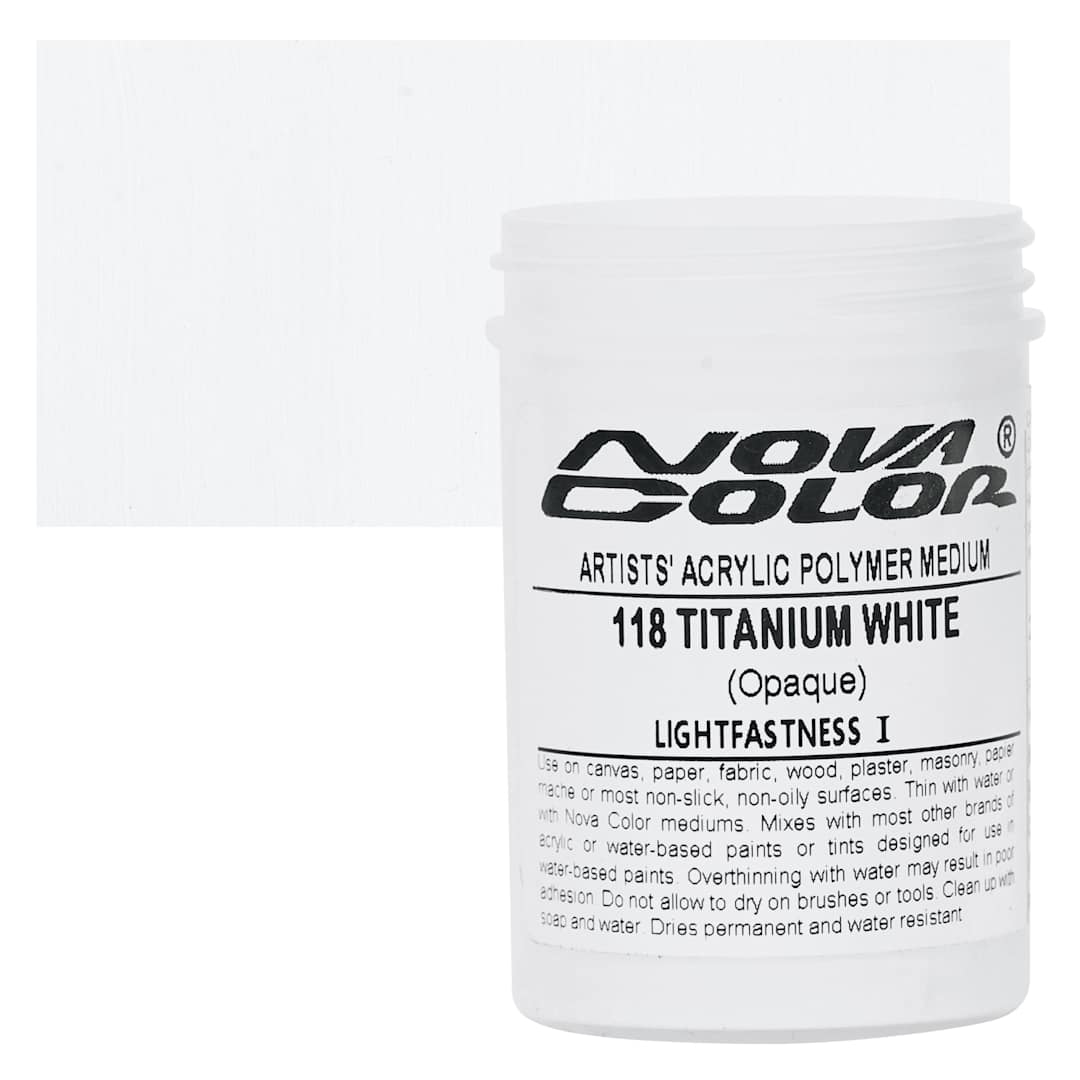 Open in modal - Nova Color Artists’ Acrylic Polymer Paint - Titanium White, 118 ml Jar and swatch
