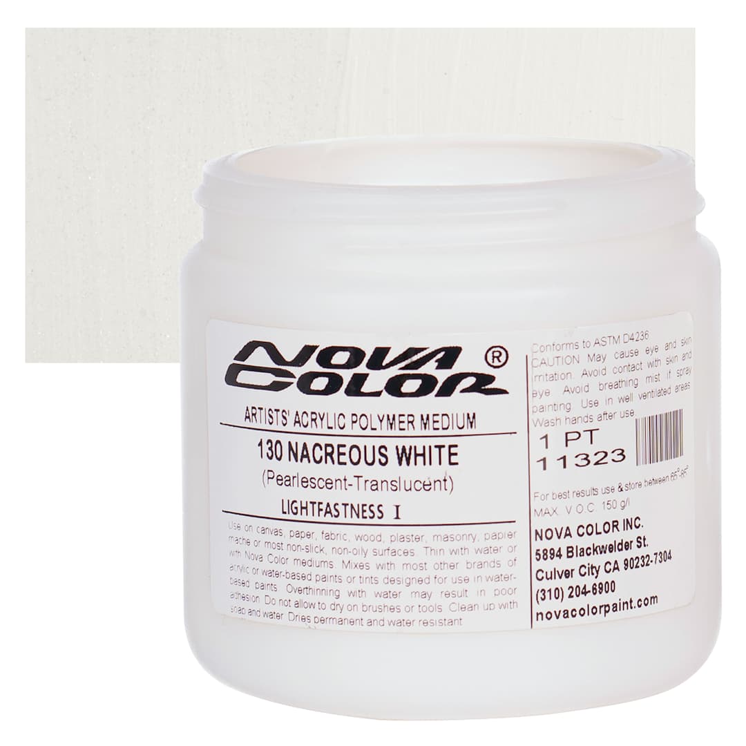 Open in modal - Nova Color Artists’ Acrylic Polymer Paint - Nacreous White Pearl, 473 ml Jar and swatch