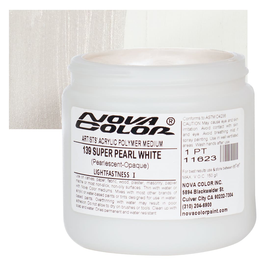Open in modal - Nova Color Artists’ Acrylic Polymer Paint - Super Pearl White, 473 ml Jar and swatch