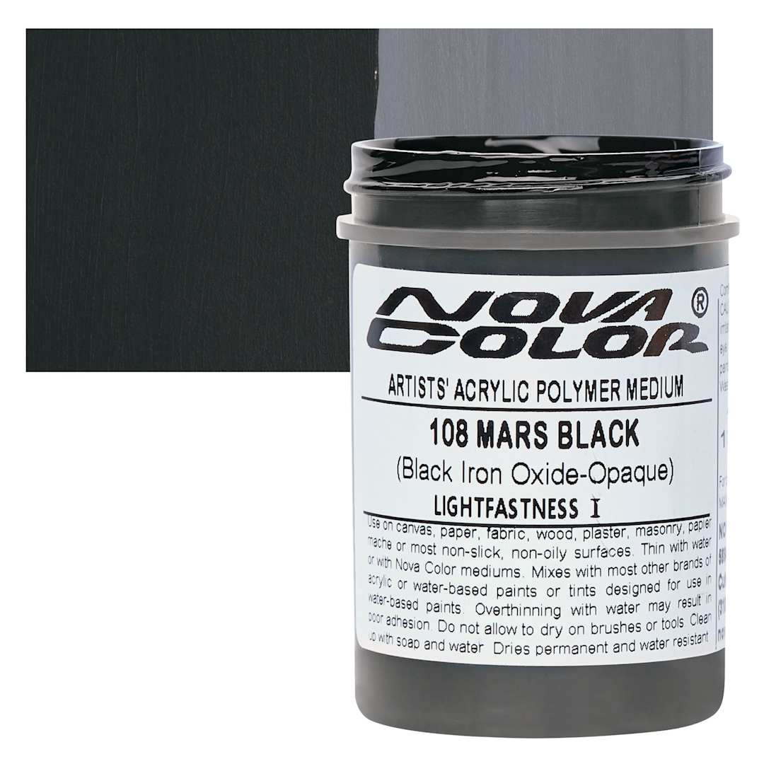 Open in modal - Nova Color Artists’ Acrylic Polymer Paint - Iron Oxide Mars Black, 118 ml Jar and swatch